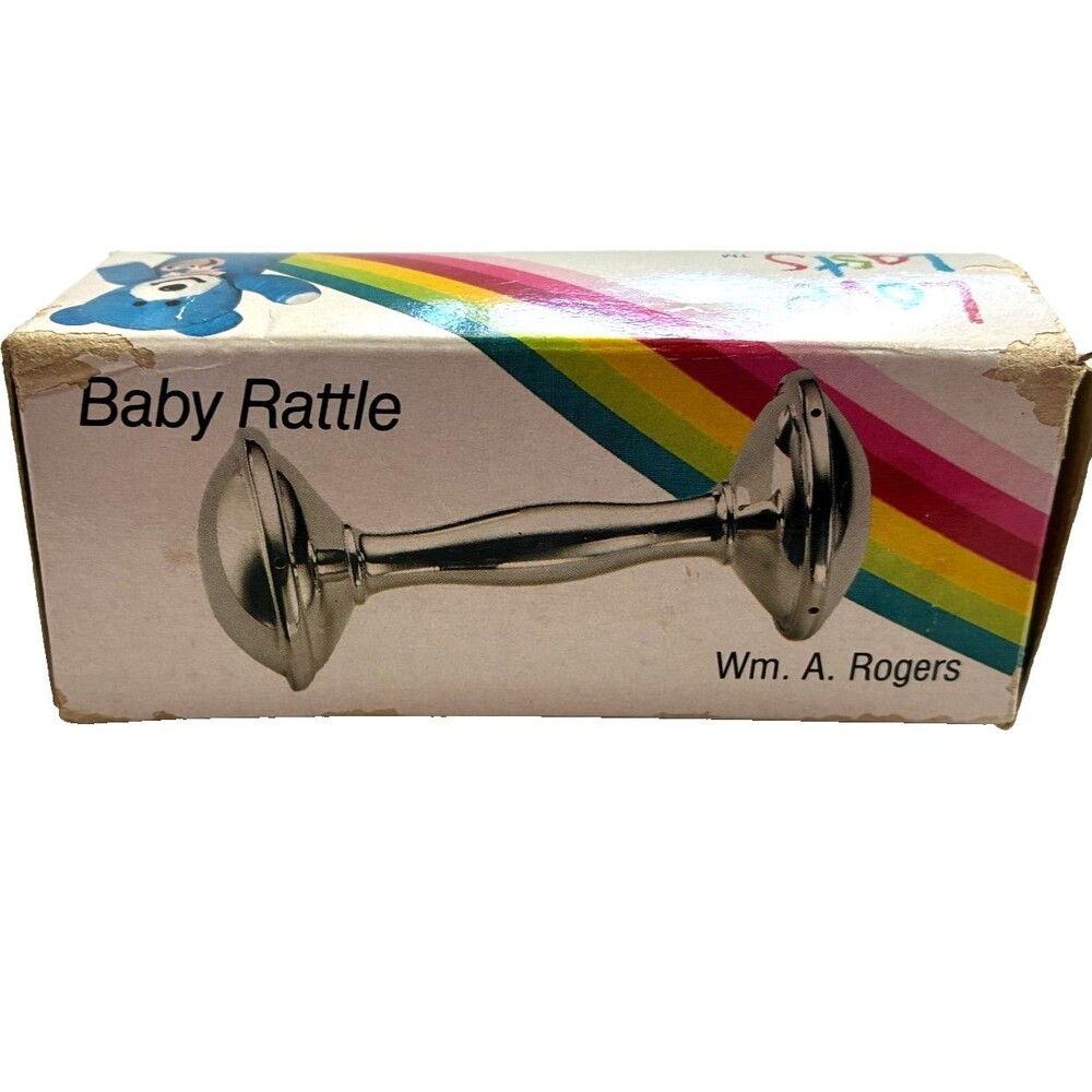 Vintage Oneida Wm Rogers Silverplate Baby Rattle Barbell Shape with Box